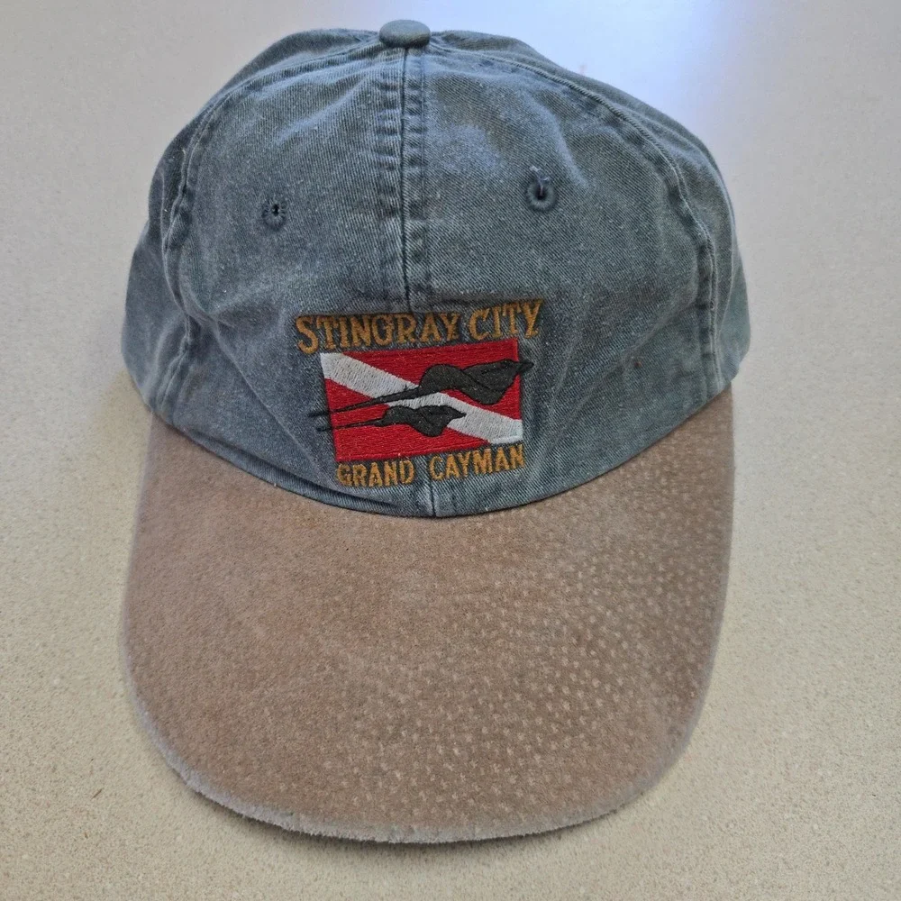 VTG Stingray City Grand Cayman Hat Blue‎ Tan Dad OSFA Scuba Dive Souvenir Strap